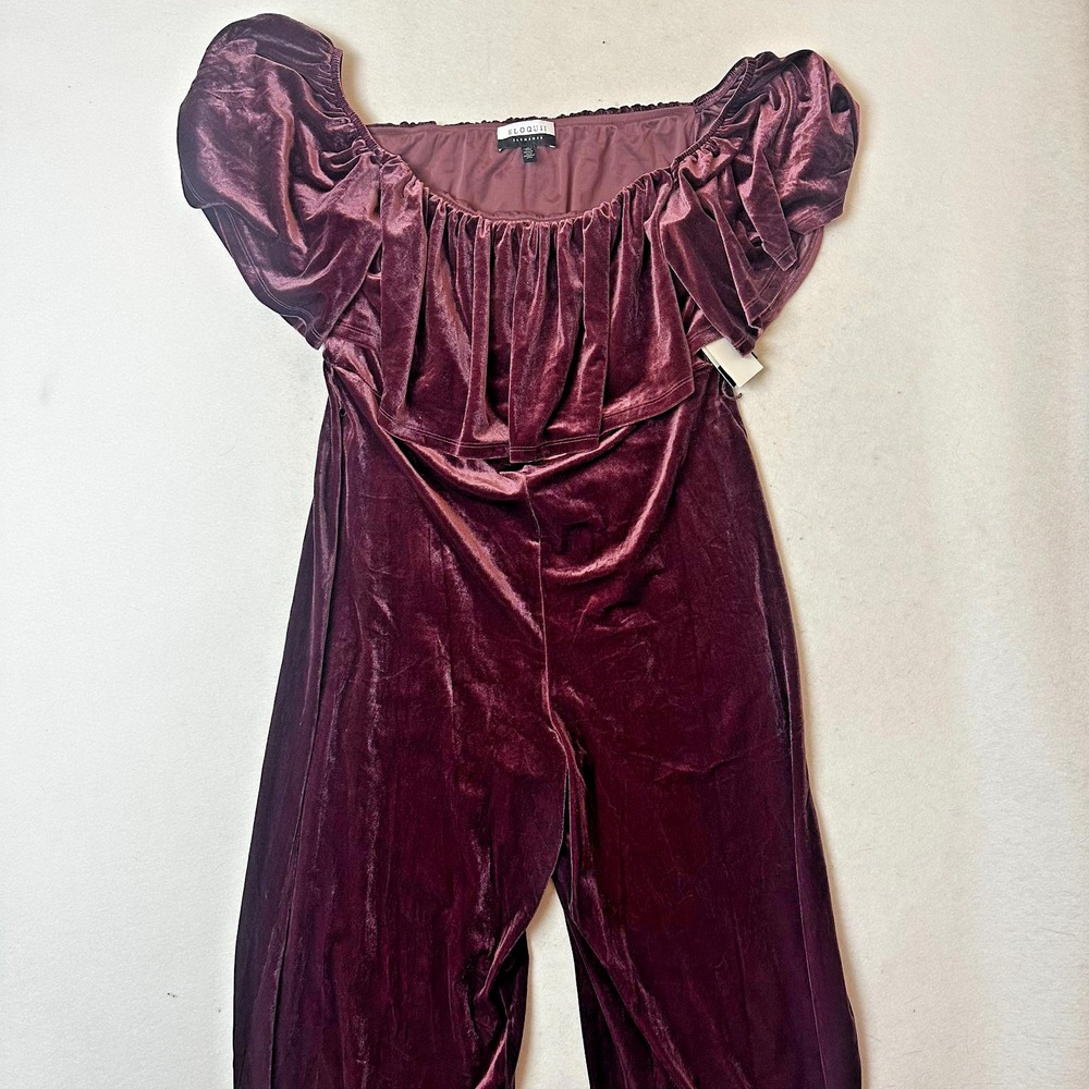 Eloquii Elements Burgundy Velvet Off Shoulder Wide Leg Jumpsuit Size 18 NWT
